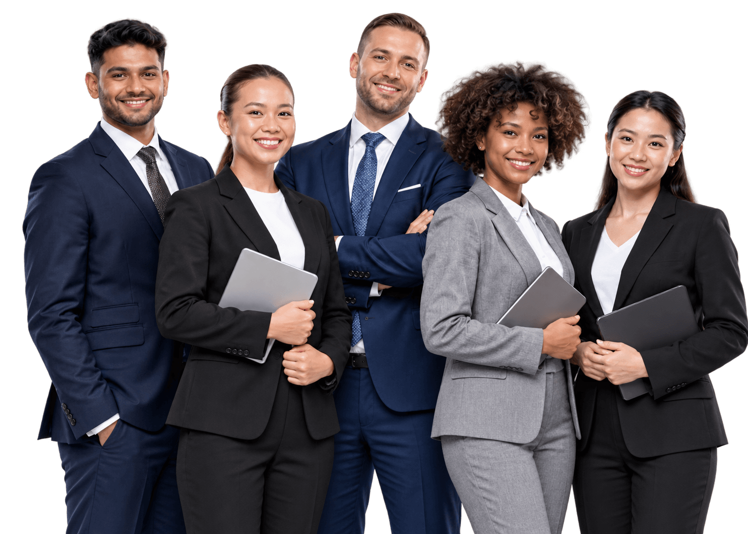 A team of five business professionals.