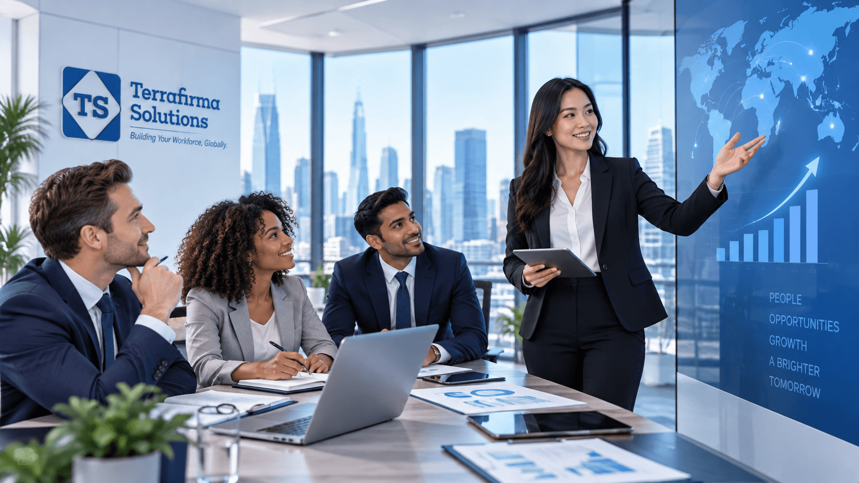 A team of business professionals discussing global talent opportunities in a Terrafirma Solutions office