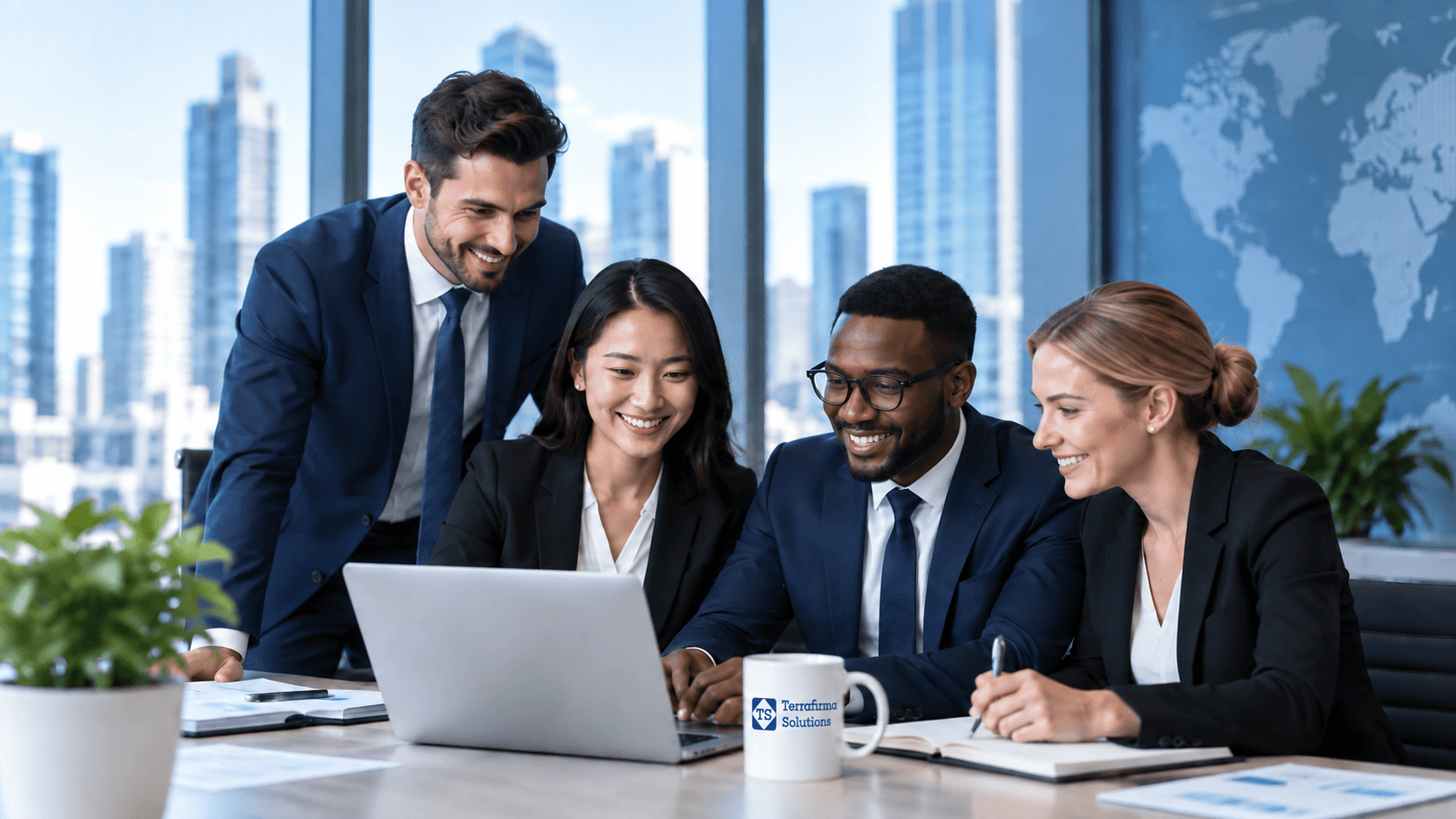 Business professionals collaborating around a laptop in a Terrafirma Solutions office